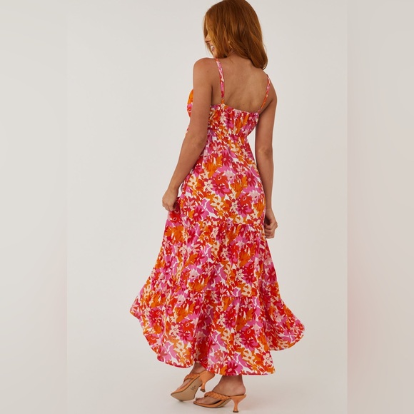 She+Sky Floral Deep V Maxi Dress S Straps Summer Sundress Tangerine & Fuchsia - Picture 4 of 15